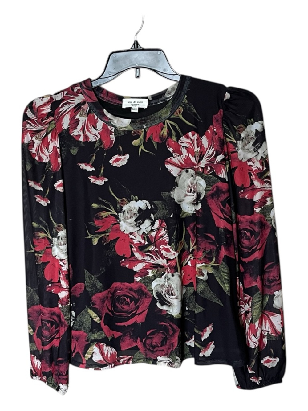 Kim & Cami Black Multicolor Floral Long Sleeve Pullover Top Shirt Size Large